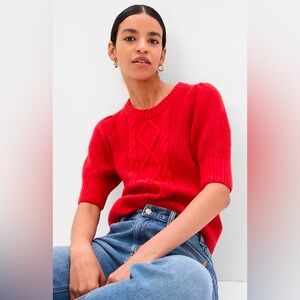GAP Puff Sleeve cable knit crewneck sweater